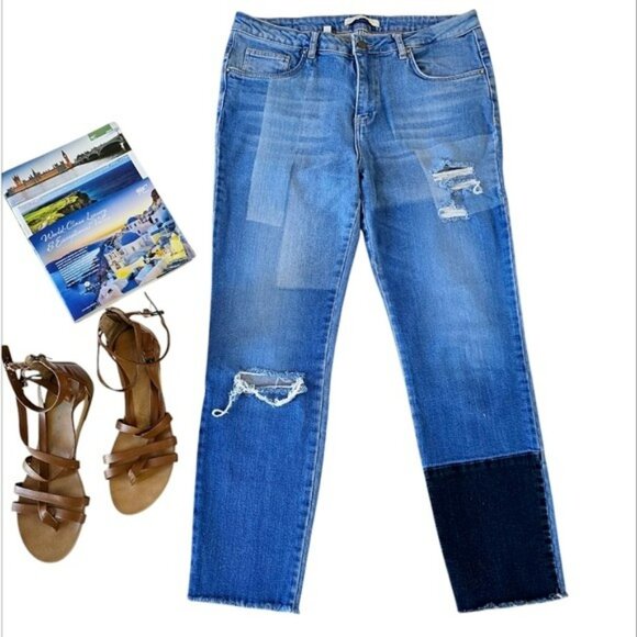 Zara Women's Jeans Size 8 Blue Patchwork Denim Straight Leg Distressed I Am Nona - Picture 1 of 13